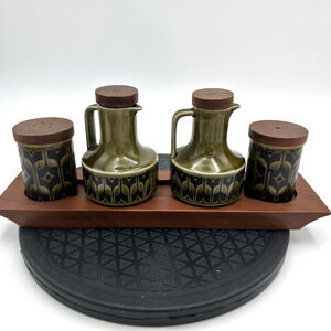 Vintage Hornsea England Green Vinegar,Oil,Salt Pepper Shakers Salad Caddy
